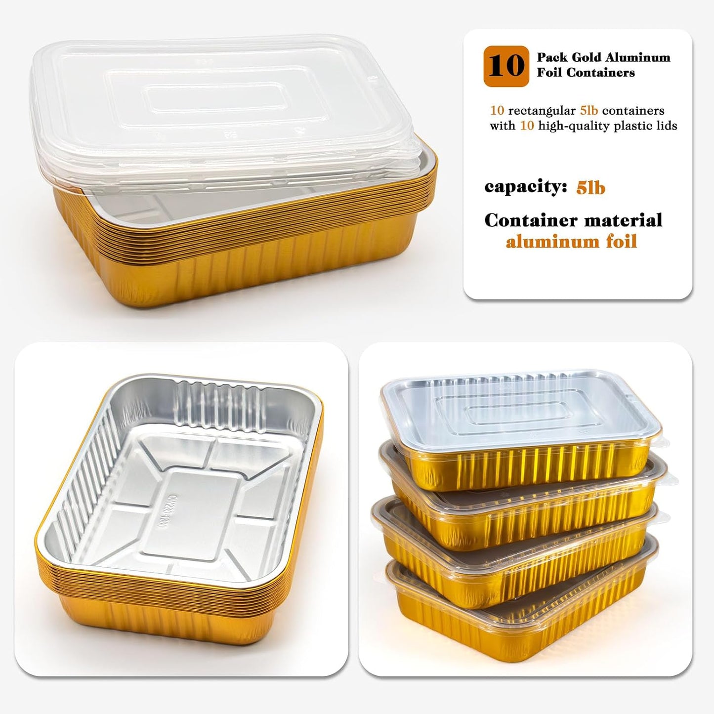 10 Pack Gold Aluminum Foil Pans with Lids, 9x7.4 Inch Disposable Reusable Oven Safe Food Containers, Freezer & BBQ Grill To-Go Pans for Baking, Meal Prep, Thanksgiving & Party
