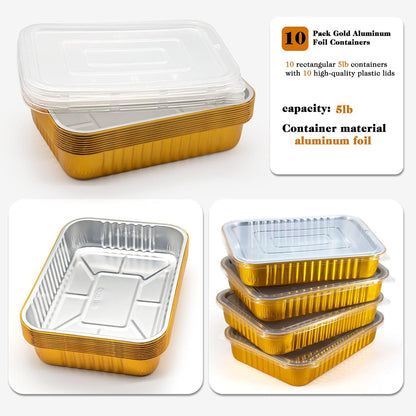 10 Pack Gold Aluminum Foil Pans with Lids, 9x7.4 Inch Disposable Reusable Oven Safe Food Containers, Freezer & BBQ Grill To-Go Pans for Baking, Meal Prep, Thanksgiving & Party