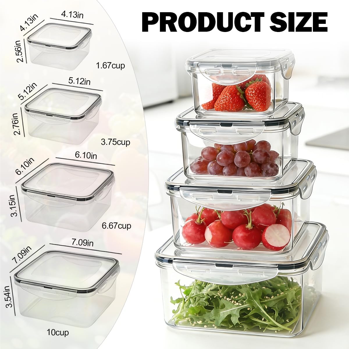 4 Pcs Food Storage Containers with Lids Airtight, 4 Sizes Sets(74oz+40.5oz+20oz+10oz), Plastic Meal Prep Containers, Dishwasher & Microwave & Refrigerator Safe, for Meal Prep & Freezer, Rectangular