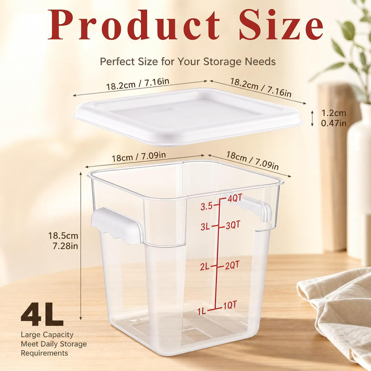 Ziliny 1 Pcs 4 Qt Clear Square Dough Proofing Container with Lid, Red