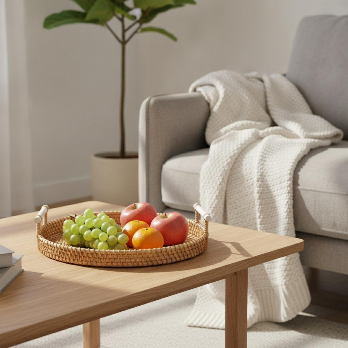 Hand Woven Rattan Basket with Wooden Handle, Natural Open Weave Storage Bin for Countertop Organization, Produce, and Snacks