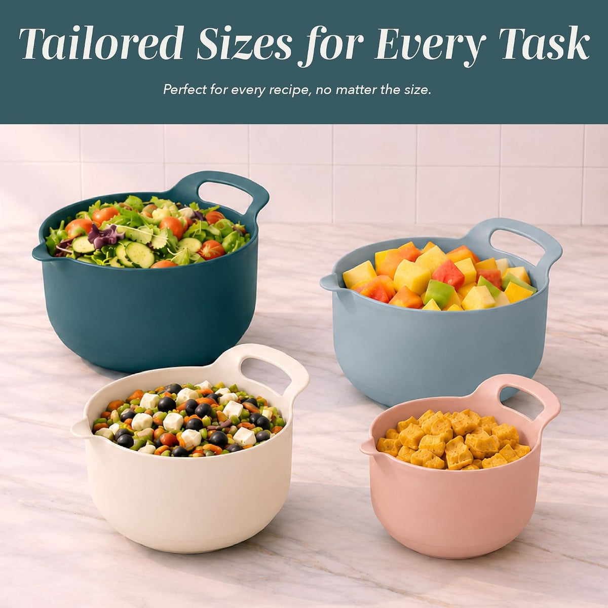 COOK WITH COLOR Nesting Plastic Mixing Bowl Set with Pour Spouts and Handles, Gray, Non-Slip