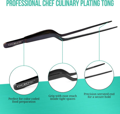O'Creme 8 Inch Black Stainless Steel Precision Kitchen Culinary Offset Tweezer Tongs