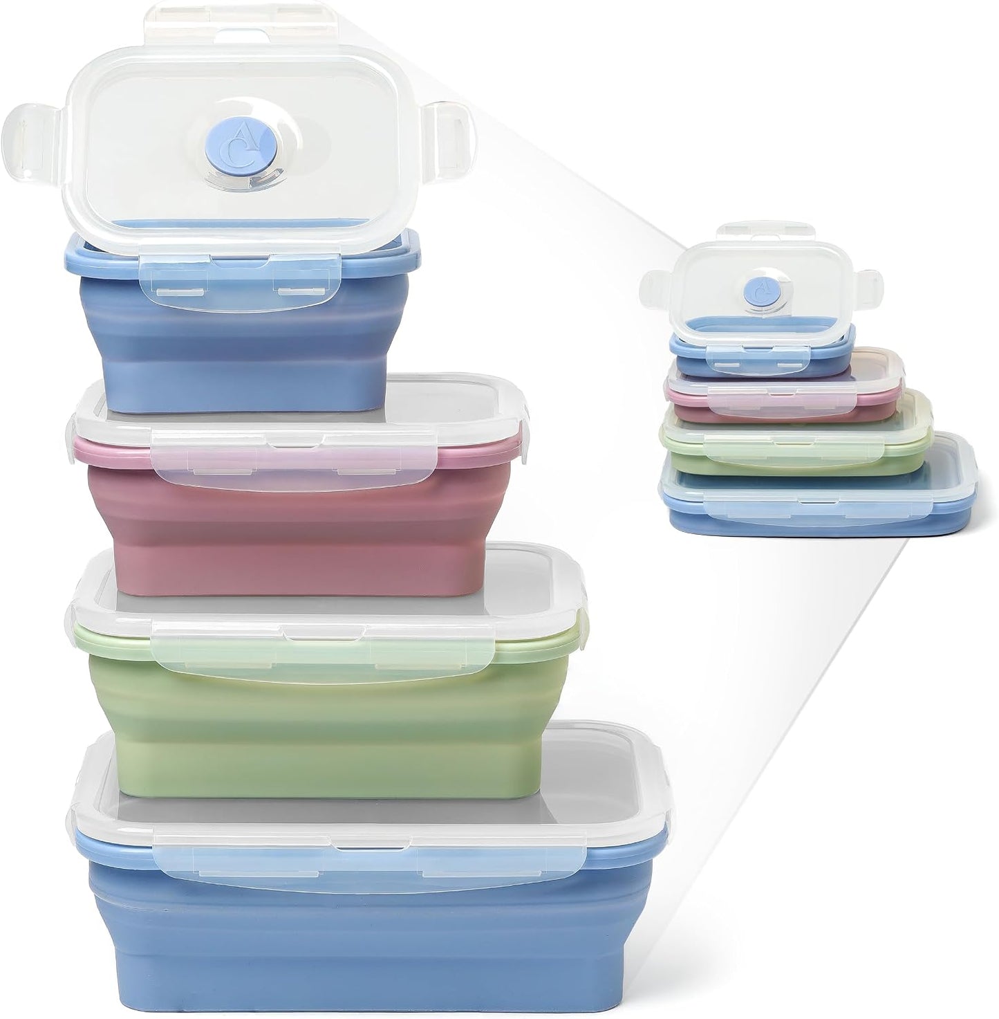 ICHC Set of 4 Collapsible Food Storage Containers - Space-Saving Silicone Meal Prep Boxes, Airtight and Stackable Lunch Containers, Microwave and Freezer Safe