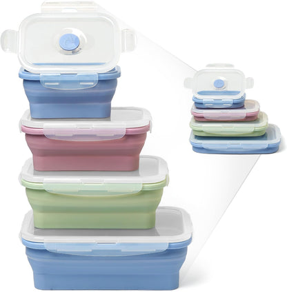 ICHC Set of 4 Collapsible Food Storage Containers - Space-Saving Silicone Meal Prep Boxes, Airtight and Stackable Lunch Containers, Microwave and Freezer Safe
