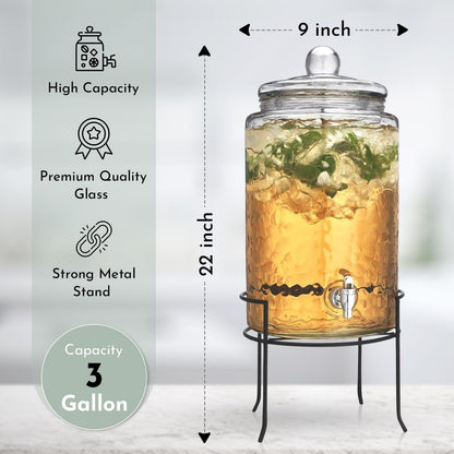 3 Gallon Glass Drink Dispenser with Metal Stand & Lid – Hammered Beverage Dispenser with Leakproof Spigot, Wide Mouth for Easy Fill – Ideal for Parties, Lemonade, Iced Tea, Sangria & More