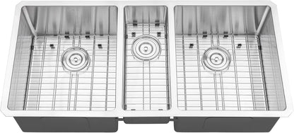 42 in. x 20 in. x 10 in. 16-Gauge Stainless Steel Undermount Triple Bowl Kitchen Sink with Collapsible Colander Set and Strainer