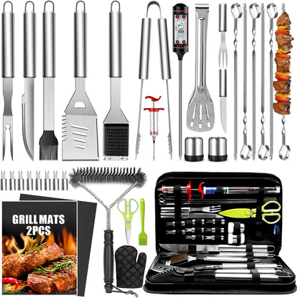 34Pcs Grill Accessories Grilling Gifts for Men, 16 Inches Heavy Duty BBQ Accessories, Stainless Steel BBQ Tools with Thermometer, Grill Mats for Backyard, BBQ Gifts Set for Men Women