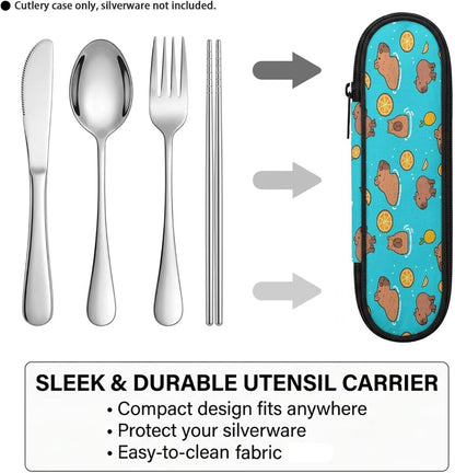 Travel Cutlery Set with Case for Kids Portable Utensil Case Reusable Silverware Pouch for School Travel Lunch Capybara Flower