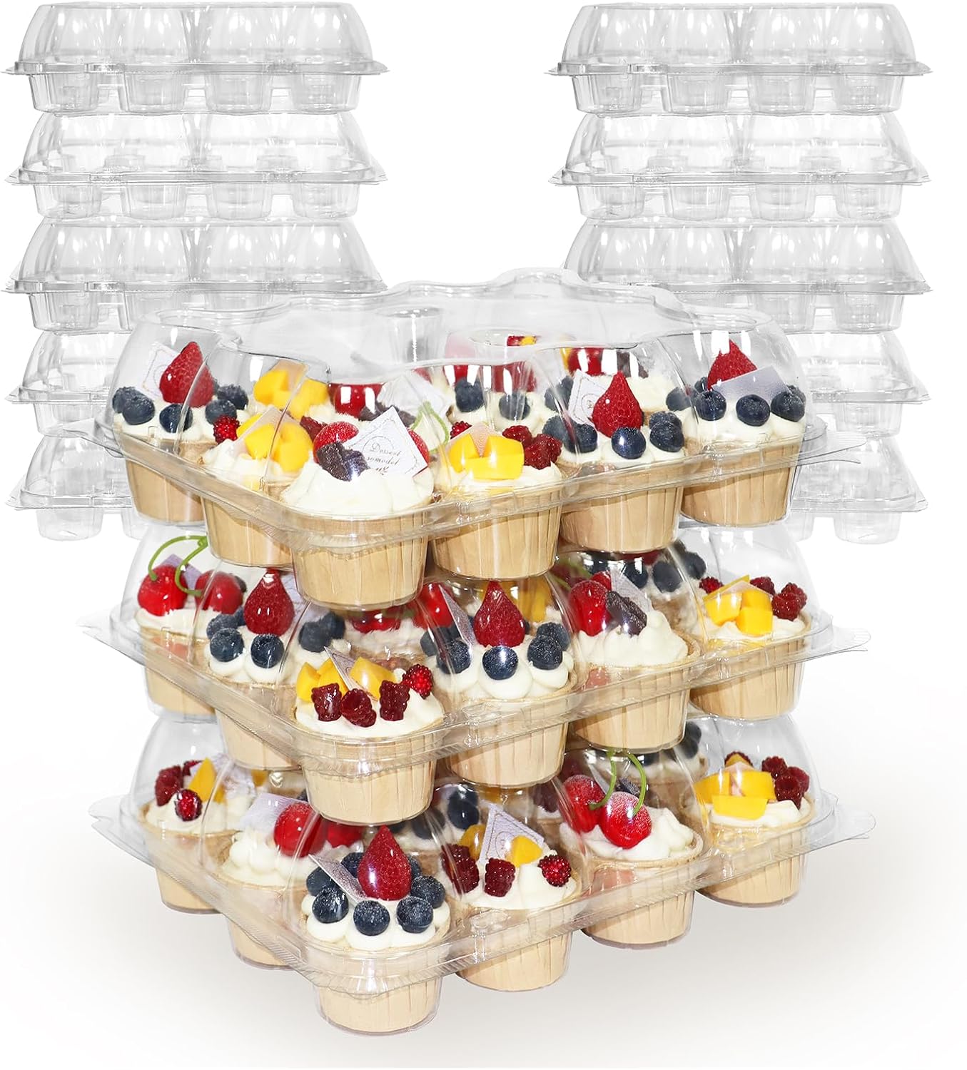 WIKDAY 12 Count x 12 Sets Plastic Cupcake Containers, Durable and BPA-Free Cupcake Holder with Lid for Easy Transport Storage, Stackable Clear Cupcake Carriers, Reusable Dessert Boxes