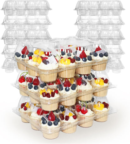 WIKDAY 12 Count x 12 Sets Plastic Cupcake Containers, Durable and BPA-Free Cupcake Holder with Lid for Easy Transport Storage, Stackable Clear Cupcake Carriers, Reusable Dessert Boxes