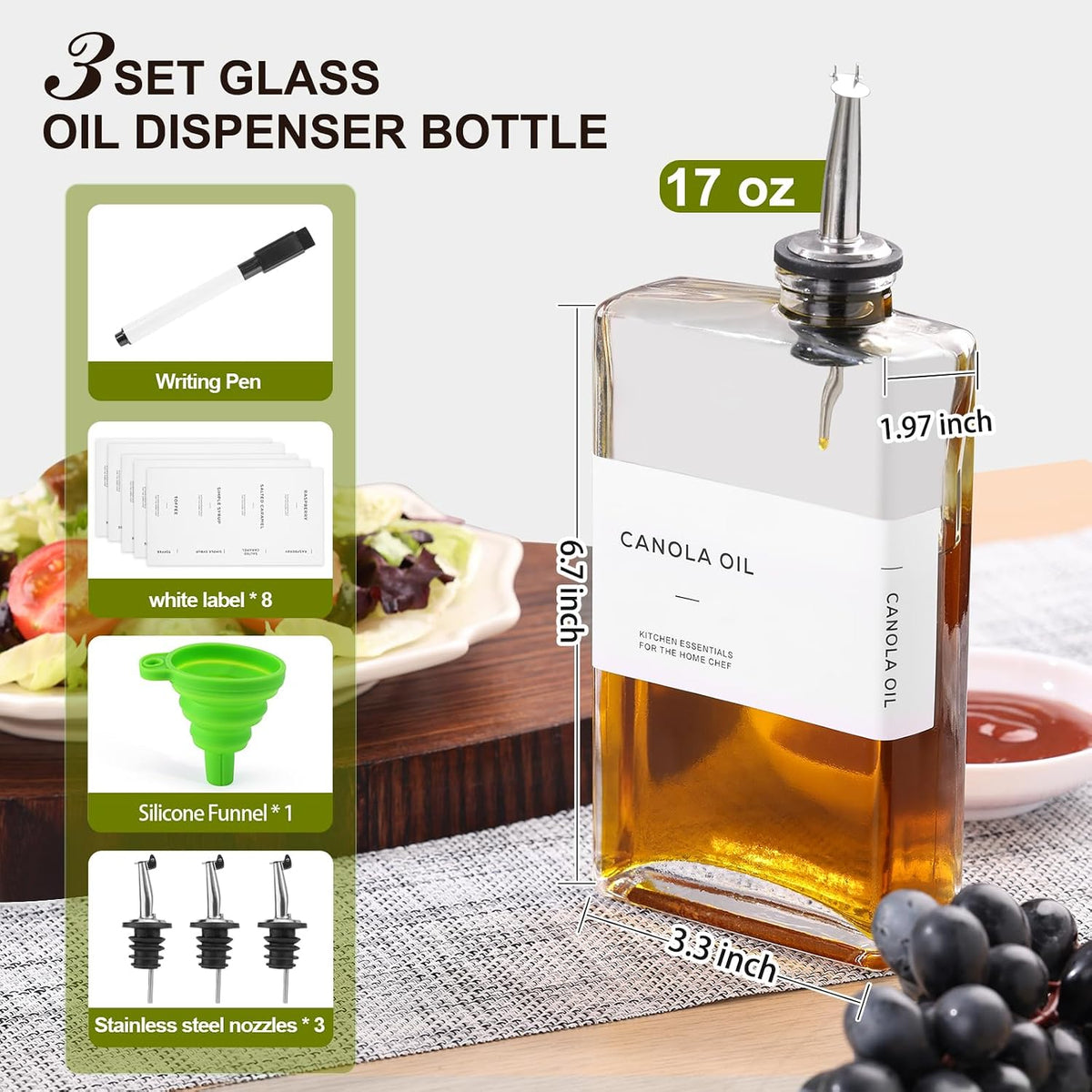 Olive Oil Dispenser Bottle for Kitchen, 3 Pack Glass Oil and Vinegar Dispenser Set, Elegant Book Design, Durable, Leak-Proof, Easy-Pour Spouts, Perfect for Kitchen, Dining Table (17oz)