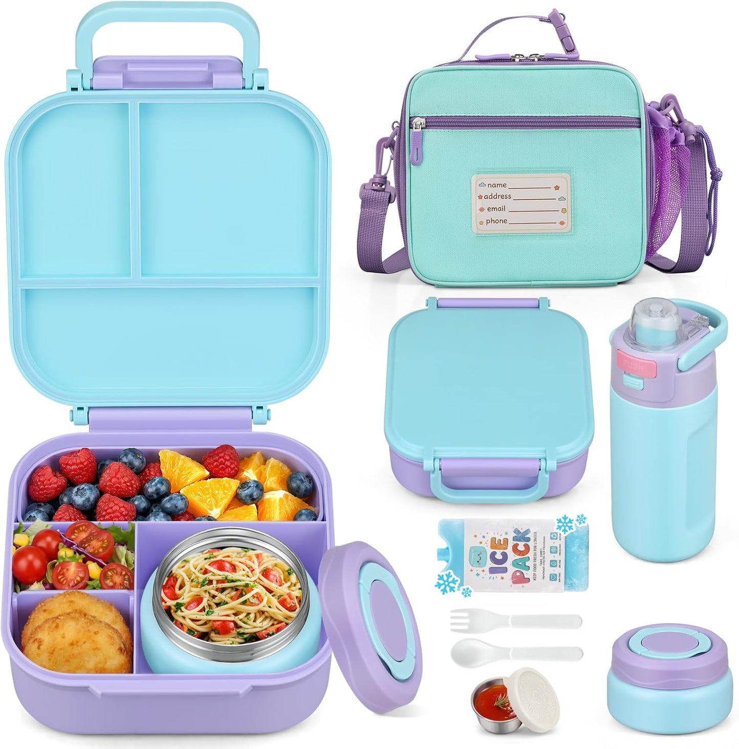 Itslife Bento Box for Kids Set, Insulated Food Container,Kids Lunch Box, 7 oz Thermos for Hot Food, 12 oz Thermos Water Bottle, Reusable Insulated Ice Bag & Fork Spoon Utensils Camping Travel Pink