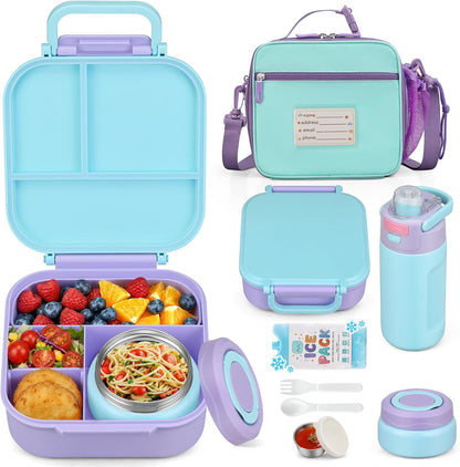 Itslife Bento Box for Kids Set, Insulated Food Container,Kids Lunch Box, 7 oz Thermos for Hot Food, 12 oz Thermos Water Bottle, Reusable Insulated Ice Bag & Fork Spoon Utensils Camping Travel Pink