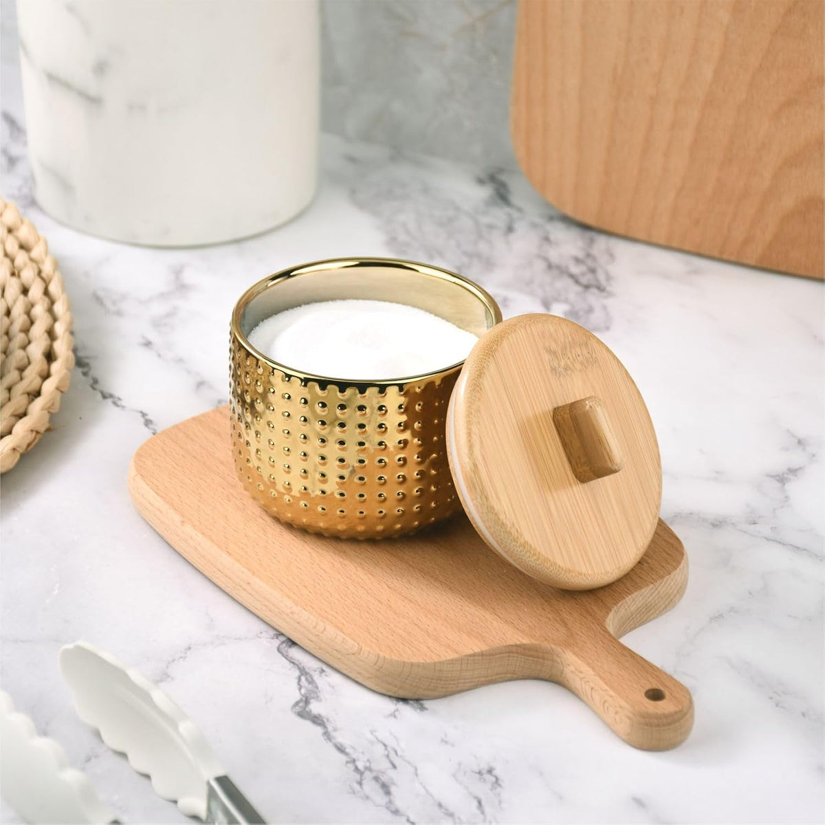 Salt Cellar Keeper with Bamboo Lid, 14oz Big Capacity Ceramic Sugar Bowls Pepper Box, Crackle Glaze Seasoning Container Condiment Pot for Kitchen (Blue Color)