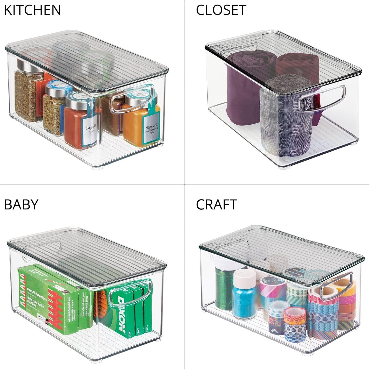 mDesign Deep Plastic Bathroom Storage Bin Box, Lid/Built-in Handles, Organization for Makeup, Hair Styling Tools, Toiletry Accessories in Cabinet, Shelves, Ligne Collection, 8 Pack, Clear