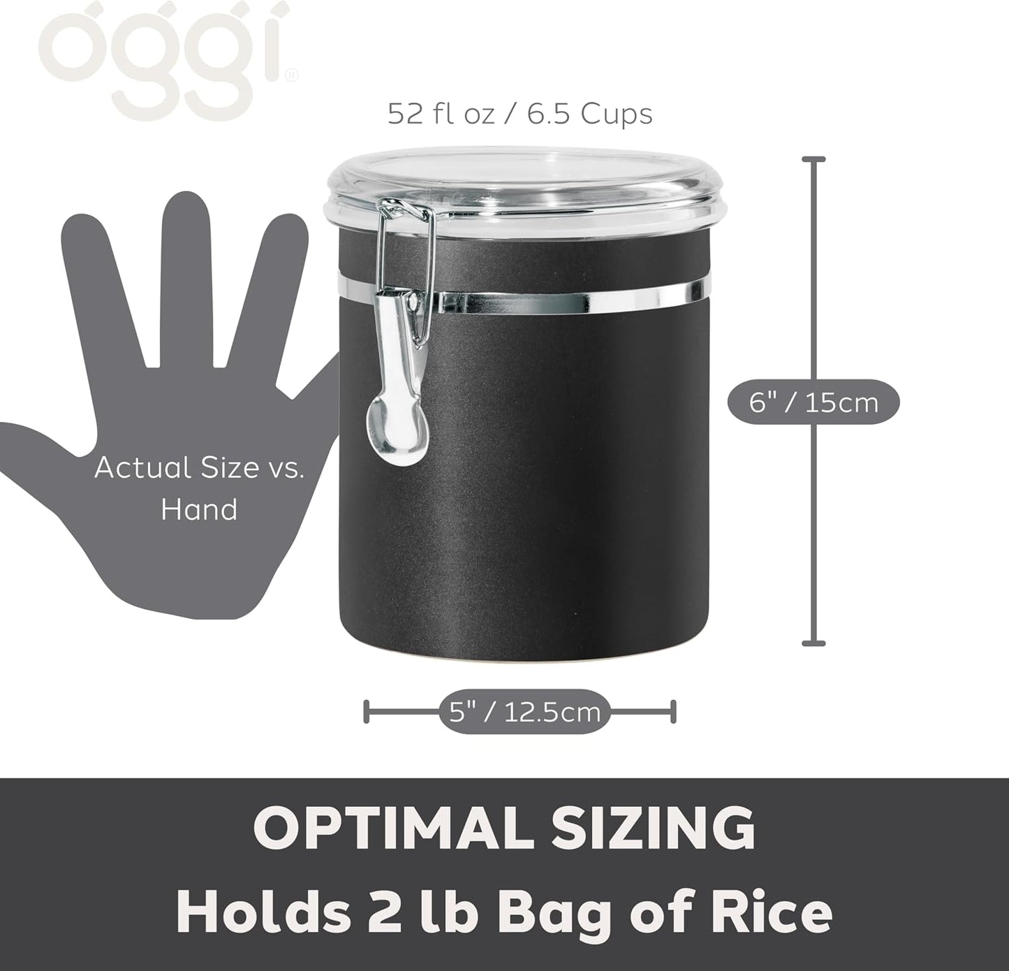 Oggi Stainless Steel Kitchen Canister 62 fl oz - Airtight Clamp Lid, Clear See-Thru Top - Ideal for Kitchen Storage, Food Storage, Pantry Storage. Large Size 5" x 7.5".