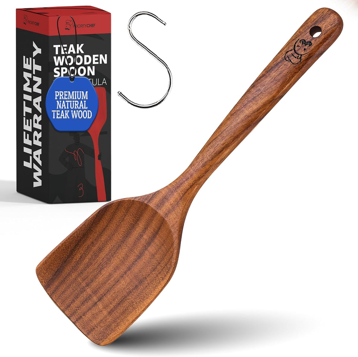PriorityChef Wooden Slotted Spoon - Premium Teak Cooking Utensil for Frying, Straining & Serving - Long Handle Kitchen Spoon for Nonstick Cookware - Handcrafted Durable Wood