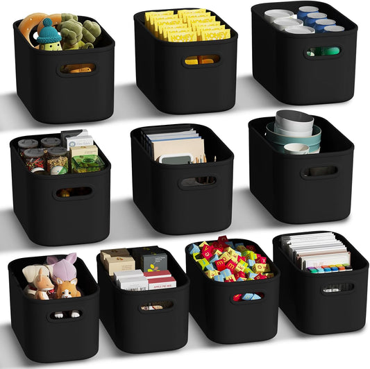 ORGIDOL 10 Pack Black Plastic Storage Bins, Storage Container for Organizing, Storage Boxes with Handle for Shelves, Cute Organizer Bins for Craft, Snacks, Pantry, Cabinet, 9.69x6.7x5.7 inch