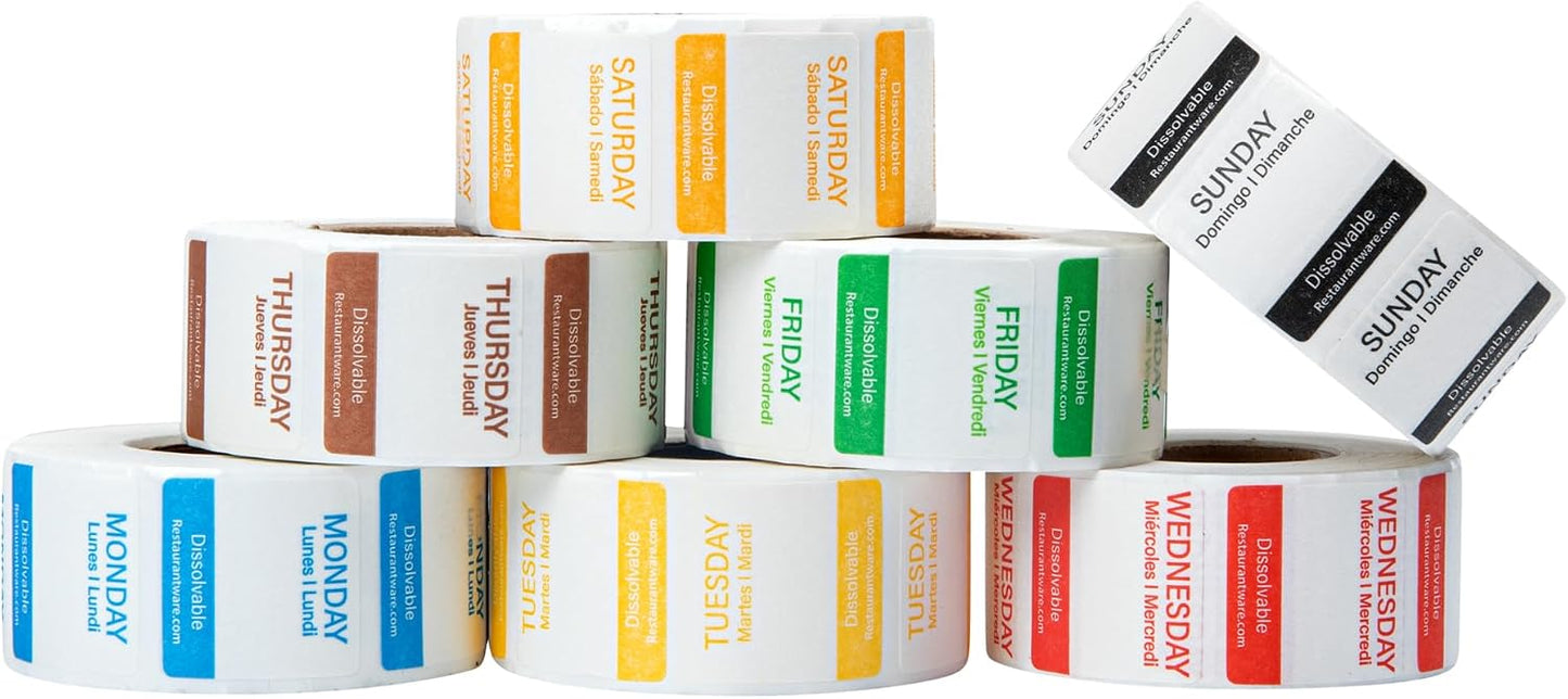 Restaurantware RW Smart 1 Inch x 1 Inch Food Rotation Labels 500 Dissolvable Food Safety Labels - Premium Trilingual Green Paper Day Of The Week Labels For Food Storage Or Prep Friday