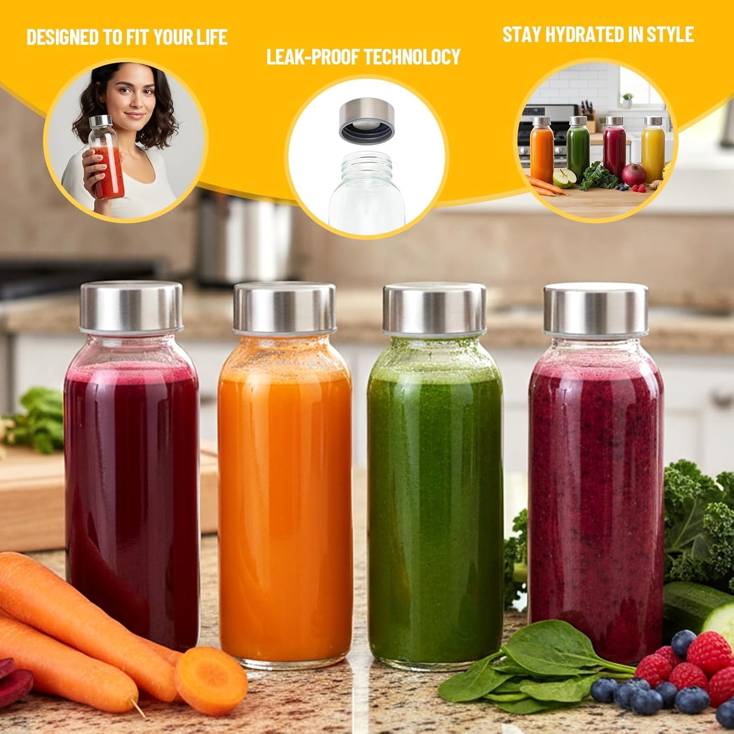Glass Juice Bottles with Lids 10 oz, 6 Pack Reusable Small Glass Bottles with Stainless Steel Caps & Straws, BPA-Free Leak proof Juice Bottle Containers for Juicing, Milk, Smoothies & Fridge