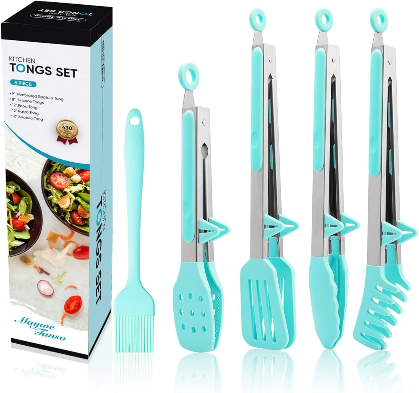 3 Pack Silicone Tongs for Cooking,Maywe Tanso 9 Inch Cooking Kitchen Tongs with Silicone Tips,Nonstick Stainless Steel Tongs for Steak Pie Pizza Pasta Spaghetti Salad BBQ Buffet