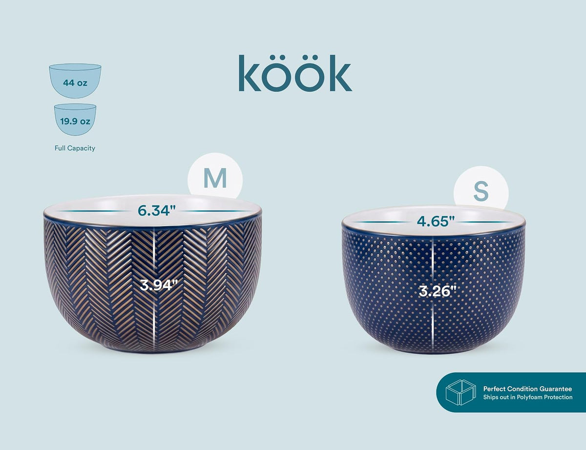 KooK Ceramic Nesting Bowls, Embossed, Oven Safe, Set of 4, Ivory