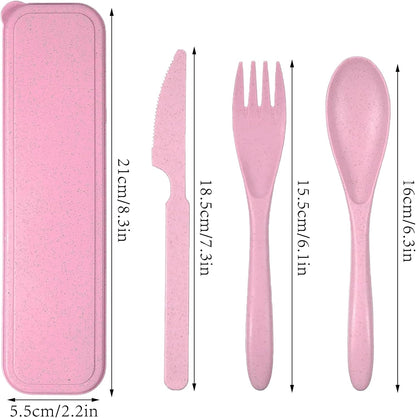 Reusable Travel Utensils Set with Case, 2 Sets Wheat Straw Portable Knife Fork Spoons Camping Cutlery for Lunch Box, Eco-Friendly BPA Free Plastic Tableware for Kids Adults Work Picnic (Purple+Pink)