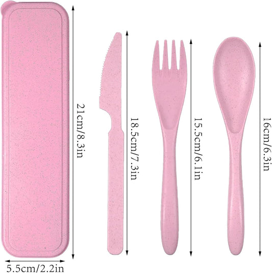 Reusable Travel Utensils Set with Case, 2 Sets Wheat Straw Portable Knife Fork Spoons Camping Cutlery for Lunch Box, Eco-Friendly BPA Free Plastic Tableware for Kids Adults Work Picnic (Purple+Pink)
