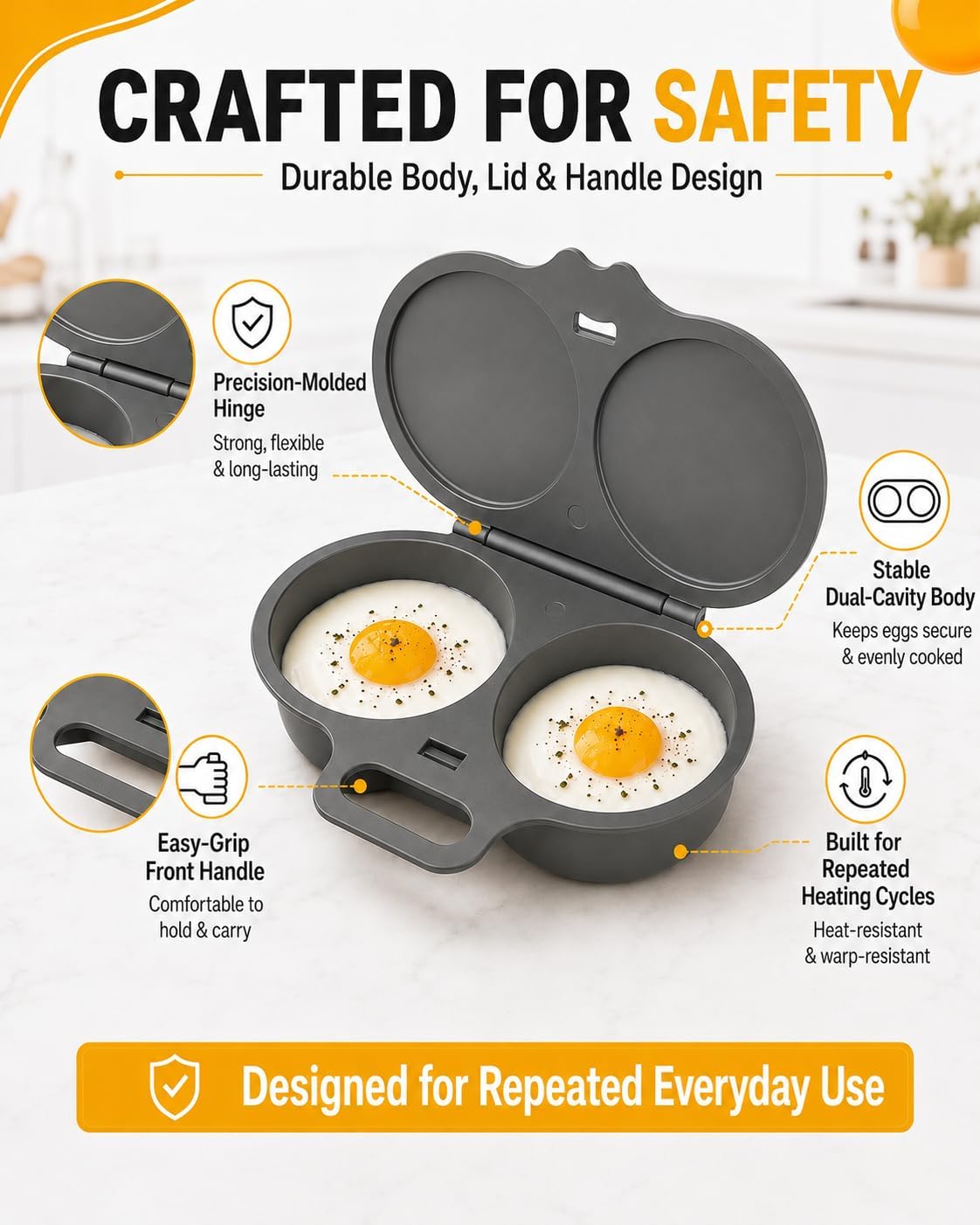 Microwave Egg Poacher, 2 Egg Cooker with Lid, Dual Cavity Design, Black