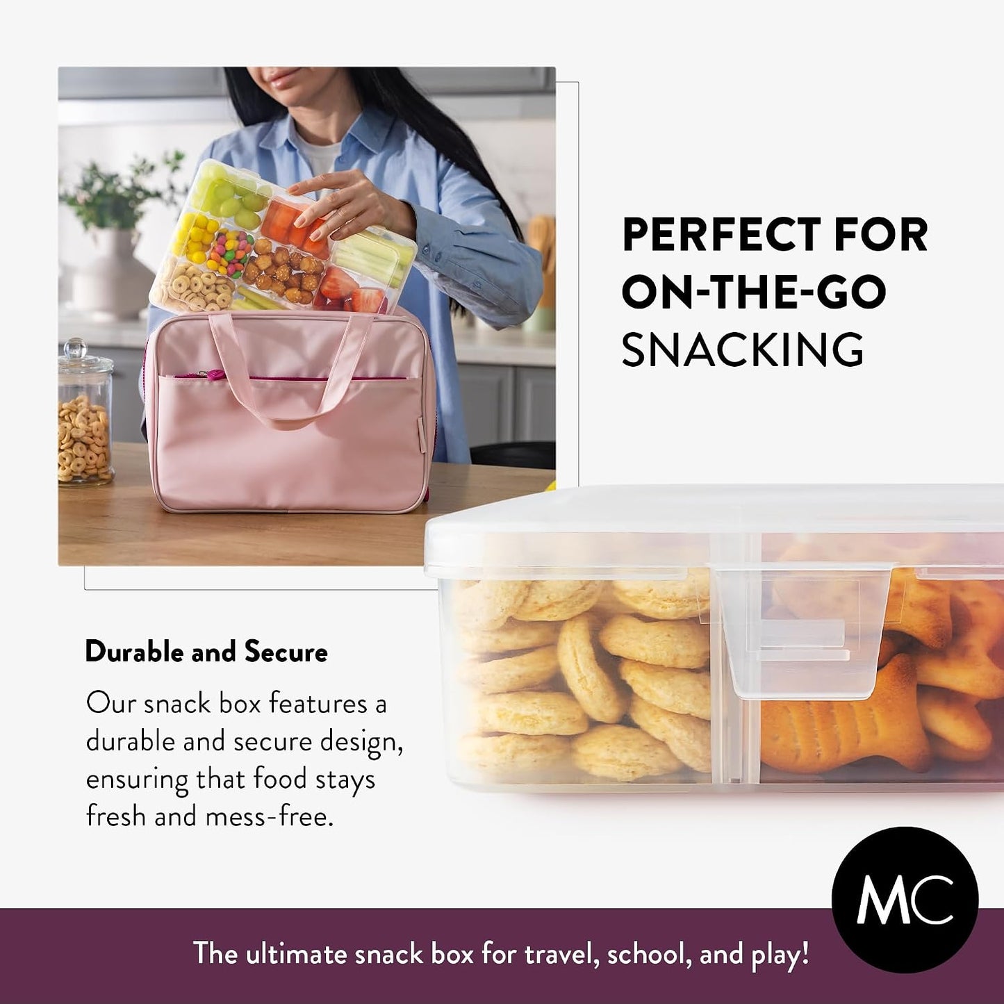 Large Kids Snack Box Containers Set of 2 -100 Labels, BPA-Free, Adjustable Compartments, Dishwasher Safe, Reusable Tray, Food Grade, Meal Prep Container, PARENT TESTED PARENT APPROVED AWARD (Clear)