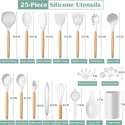 E-far Silicone Cooking Utensils Set, 5-Piece Kitchen Utensils Set with Wooden Handle for Cooking, Silicone Kitchen Nonstick Tools Spatula Turner Slotted Spoons, Nontoxic & Heat Resistant-Khaki