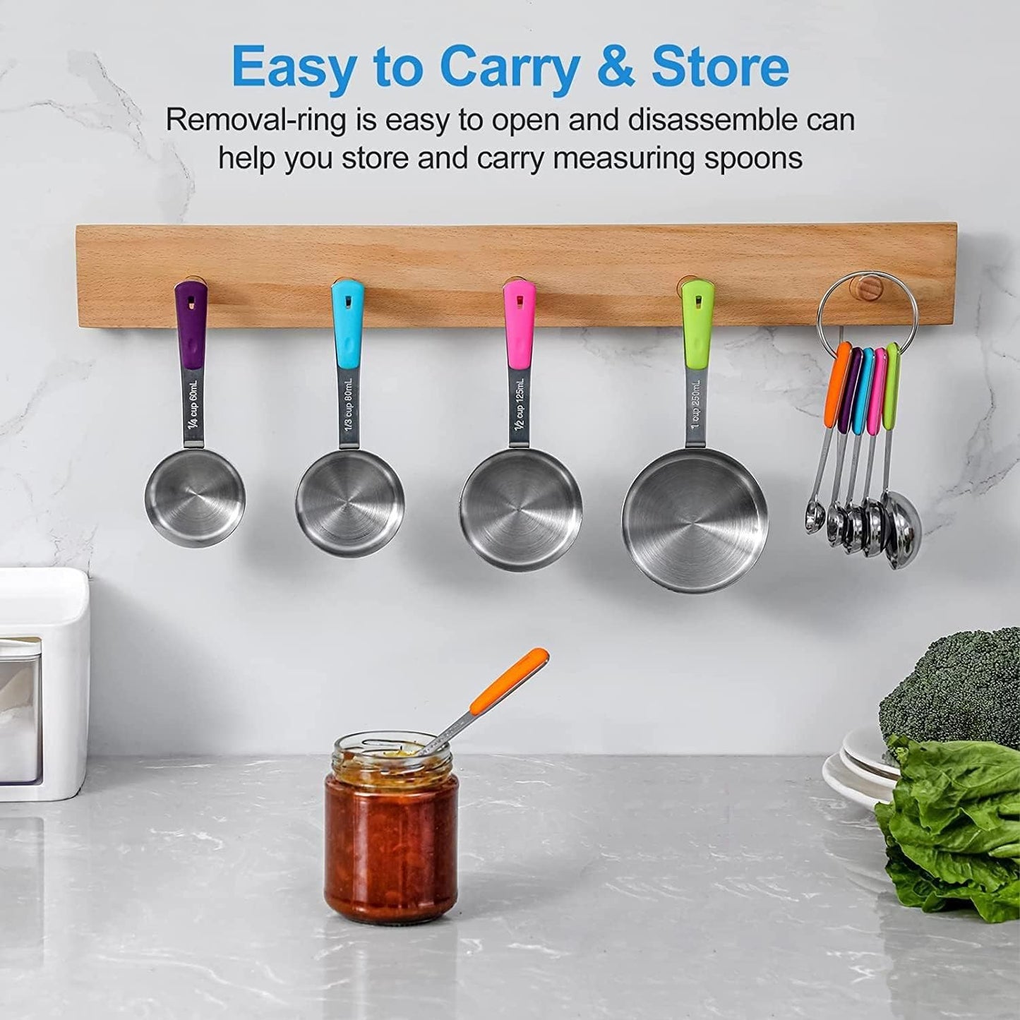 Bopei Measuring Cups and Spoons Set Stainless Steel 10 Piece for Cooking and Baking (5 Cups + 5 Spoons, Colorful Handles)