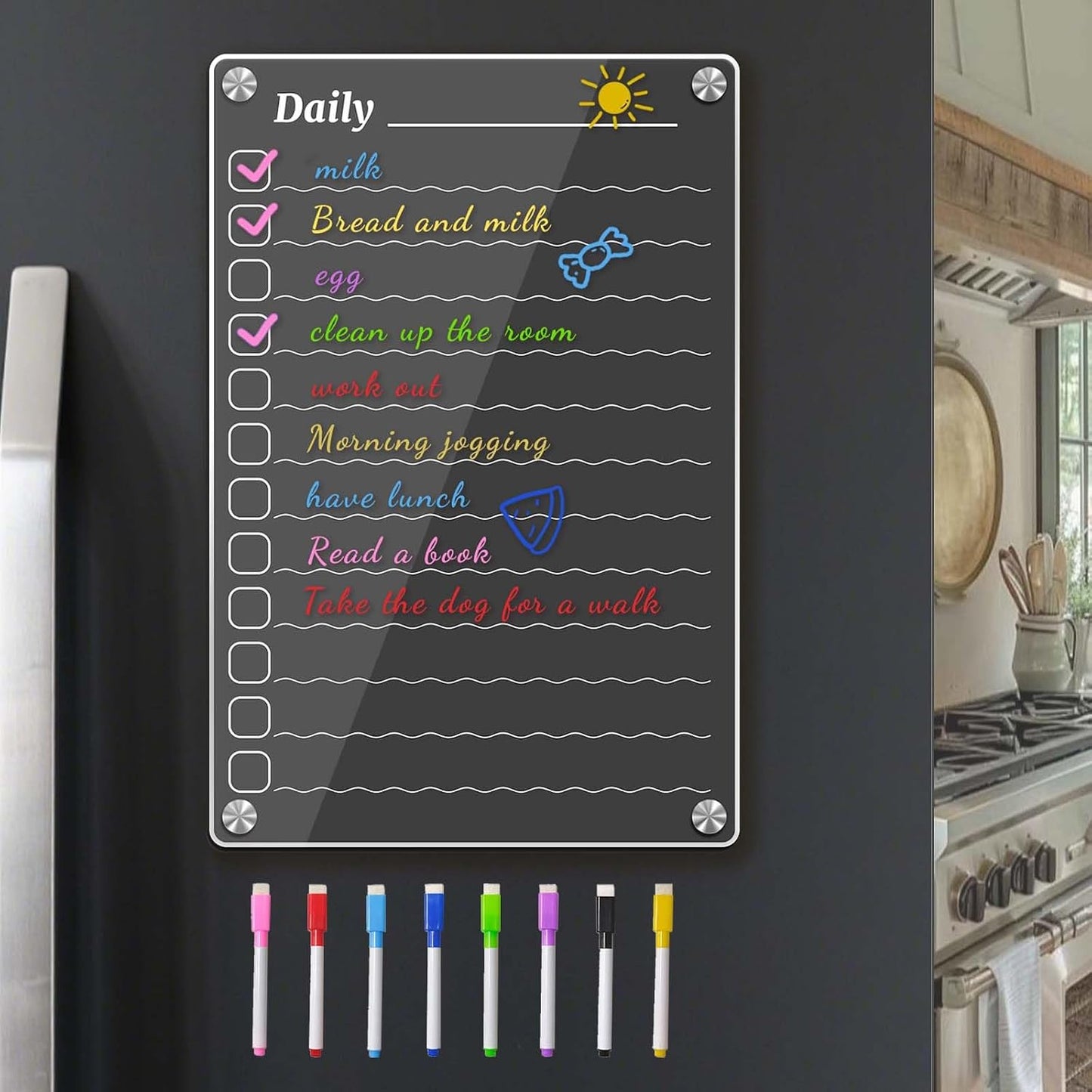 4Pcs Fridge Calendar Set, Clear Magnetic Dry Erase Daily, Weekly, Monthly Planners & Menu Board, w/ 2 Packs of 8 Markers