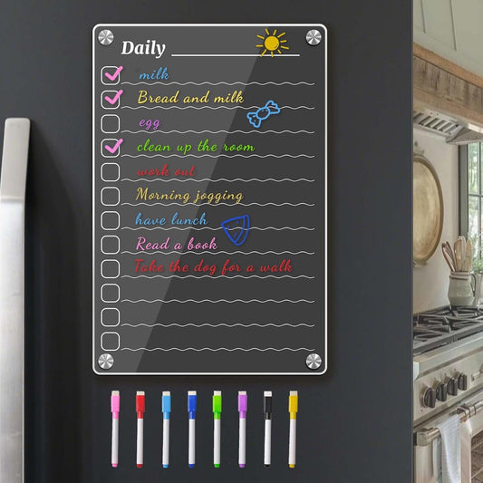 4Pcs Fridge Calendar Set, Clear Magnetic Dry Erase Daily, Weekly, Monthly Planners & Menu Board, w/ 2 Packs of 8 Markers