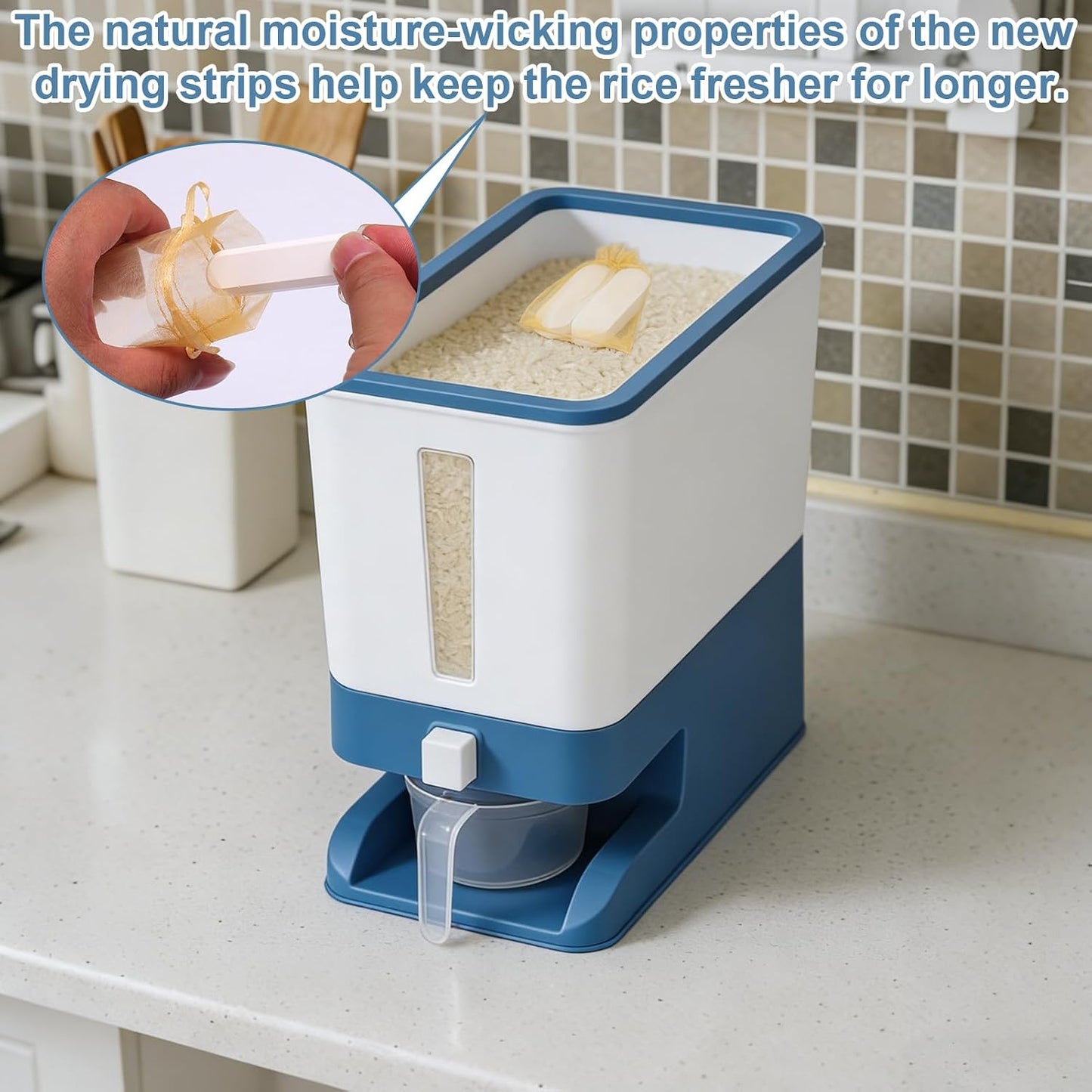 Mity rain Rice Dispenser 20 Lbs with Moisture Absorbing Clay, Rice Storage Container with Measuring Cup, 12 L Cereal Containers Storage Airtight for Kitchen Pantry Organization