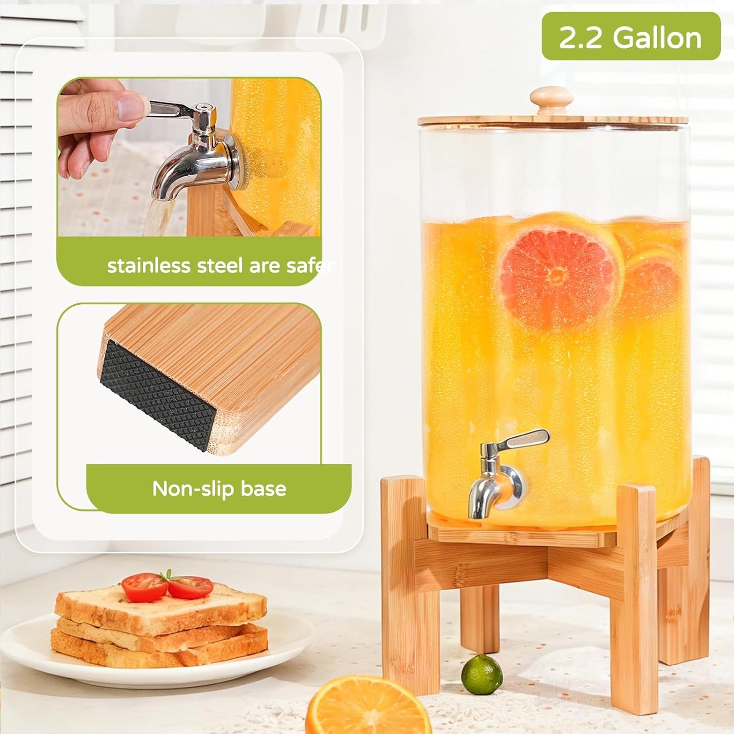 MOBYKE 2.2 Gallon Drink dispenser, Large Water Glass Beverage Dispenser With Wood Stand for Parties With Stainless Steel Spigot, Ideal for Lemonade,Juice, Tea, and Party Drinks