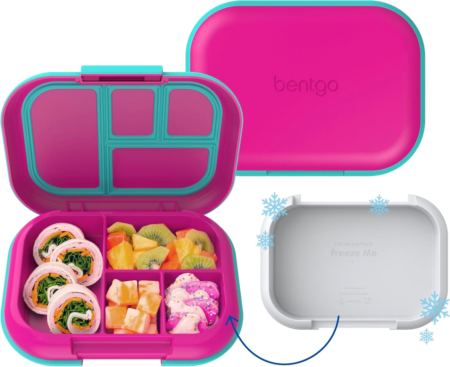 Bentgo Chill Kids Leak-Proof Lunch Box - 4-Compartment Bento Box with Built-In Ice Pack, 3.3 Cup Capacity, PFAS & BPA-Free, Microwave & Dishwasher Safe, Ideal Size for Ages 3 to 7 (Truly Teal)