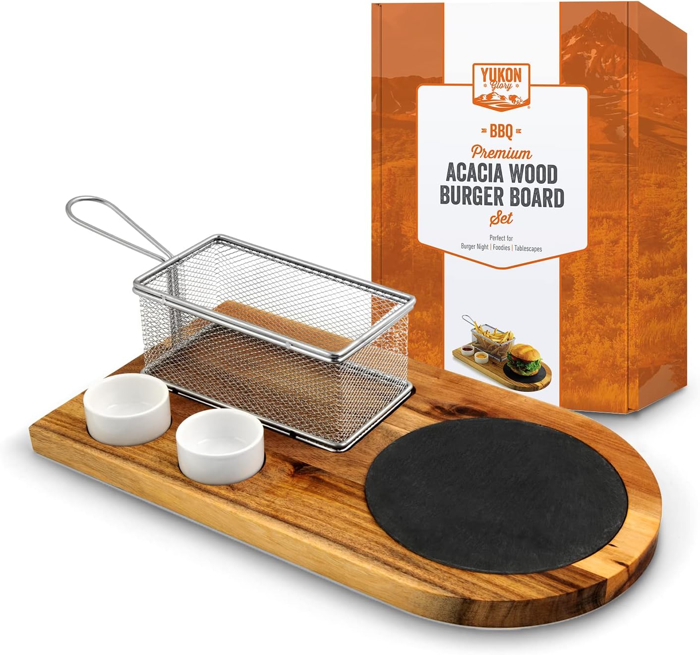 Yukon Glory™ Burger Serving Set, Perfect For Foodies, Burger Lovers and Tablescapes, Includes Premium Acacia Wood Board With Slate, Stainless Steel Fry Basket and Porcelain Condiment Cups,