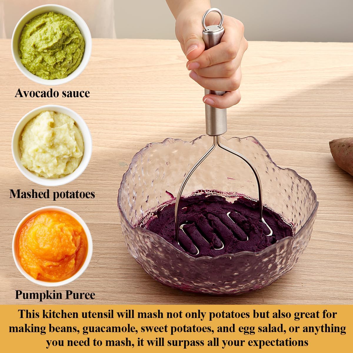 Potato Masher 2 Pcs, Kyraton Stainless Steel Heavy Duty Mash Potatoes Masher Kitchen Tool Utensils for Avocado Potatoes Beans Meat Vegetables, Kitchen Gadgets