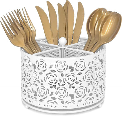 DysanVica 360° Rotating Metal Silverware Caddy - 4 Compartment Utensil Cutlery Holder Fork Spoon Napkin Organizer Flatware Storage Basket Party Countertop Buffet Picnic Camping Outdoor (White)