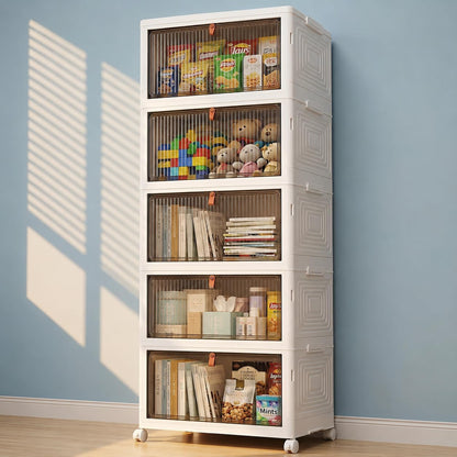 LDQ 136Qt Large Storage Bins with Lids, 4 Tier Stackable Storage Cabinet with Wheels & Clear Doors, Foldable Plastic Closet Organizer for Bedroom, Bathroom & Kitchen