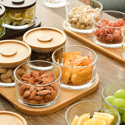 Chip and Dip Serving Set with Bamboo Tray, Snack Candy Fruit Nut Serving Platter, Small Glass Dipping Serving Bowls with Lids for Condiments, Side Dishes, Pre, Dessert, Salsa (3 Slots)