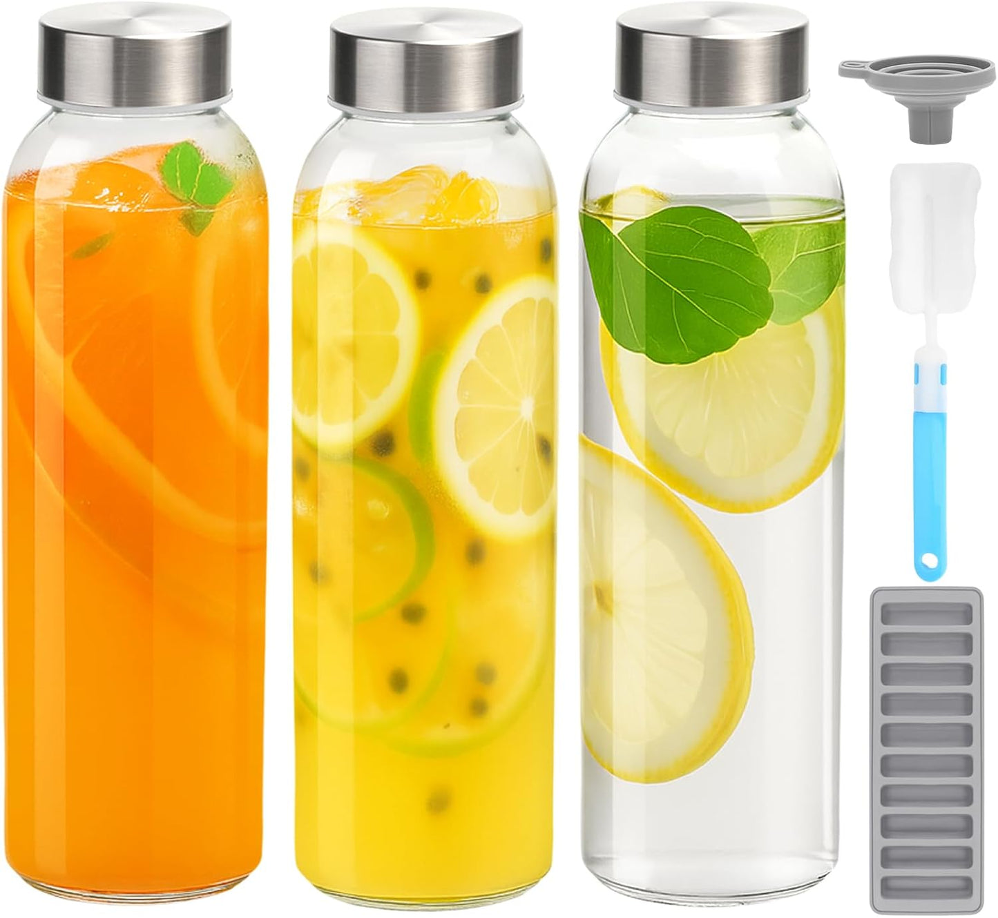 Zukro Glass Juice Bottles with Lids for Juicing 18 oz, Reusable Clear Glass Water Bottles with Stainless Steel Airtight Cap for Refrigerator, 100% Leak Proof Drinking Jar, BPA Free, Set of 6