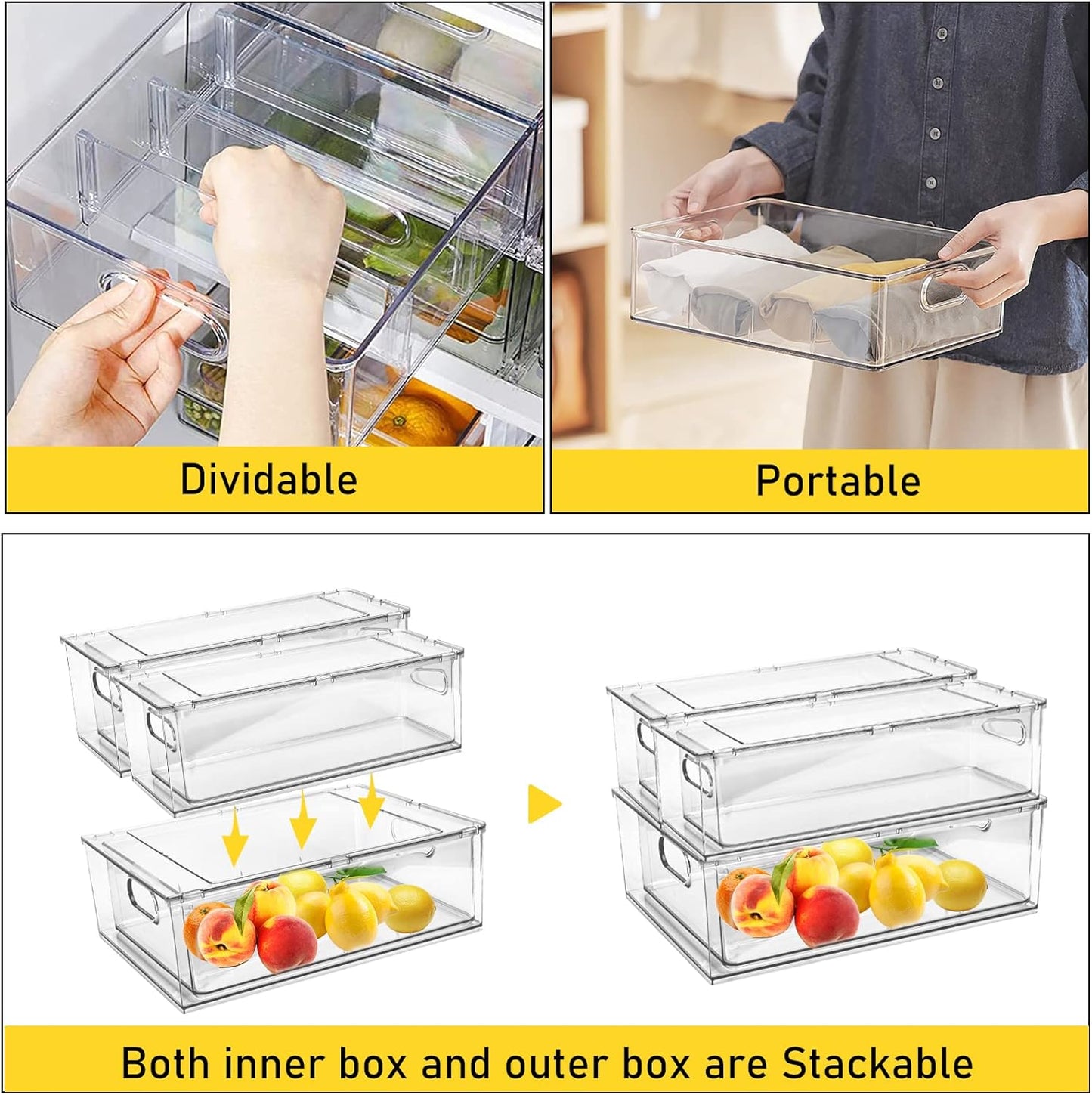 2 Pack Refrigerator Organizer Bins Stackable Fridge Organizer Set with Pull-out Drawer Clear Vegetable Fruit Storage Containers for Kitchen Pantry Organization
