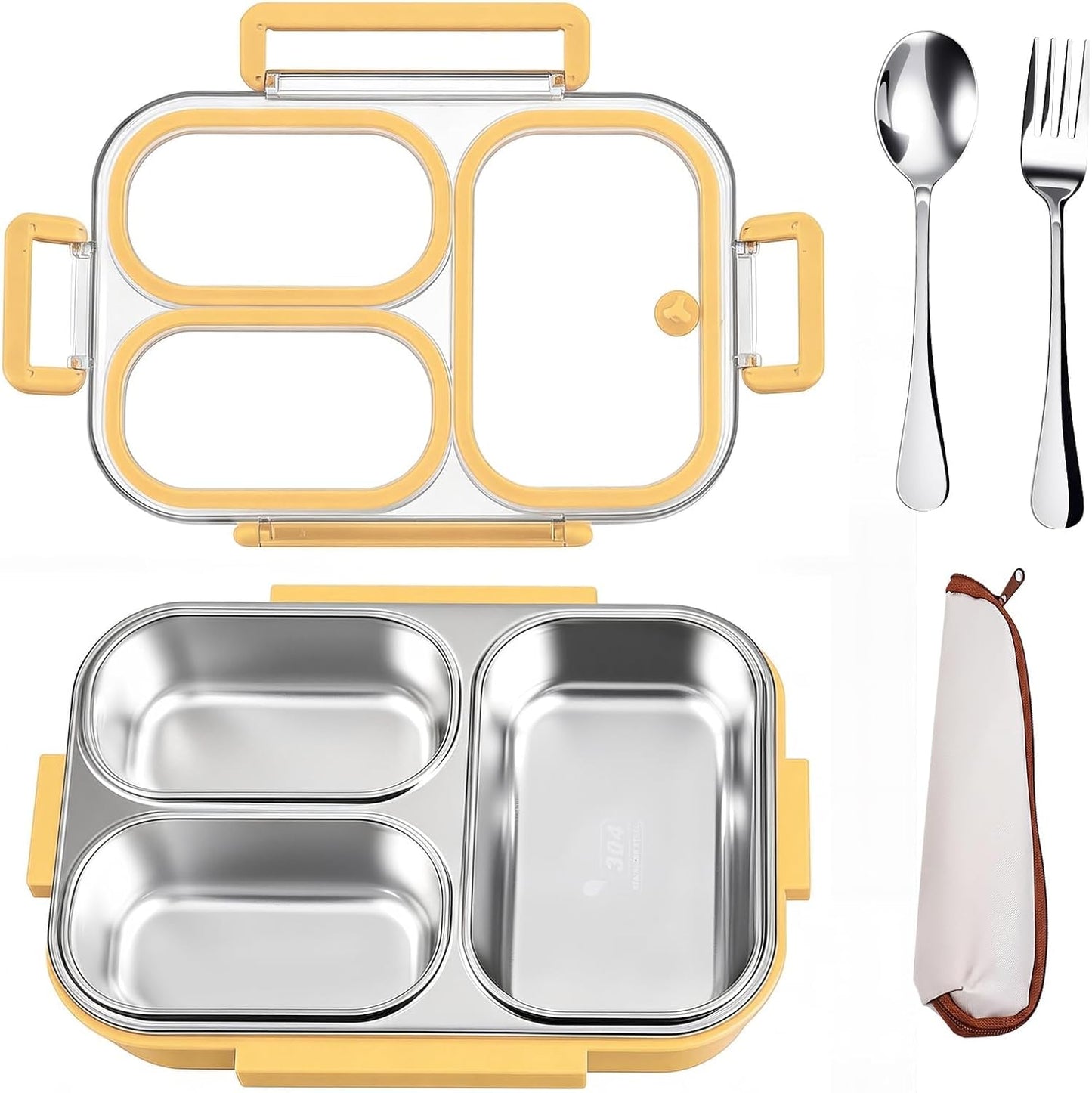 25oz 18/8 Stainless Steel Lunch Box Kit (Bento Box + Fork/Spoon) - 3 Leakproof Compartments - Metal Snack Box for Kids & Adults - School/Office/Travel - Dishwasher Safe (Beige)
