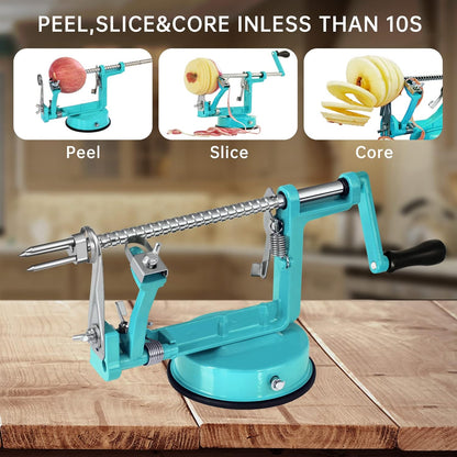 Apple Peeler, Slicer Corer Potato Peelers 3 In 1, Stainless Steel Heavy Duty with Suction Cup Base (Blue)