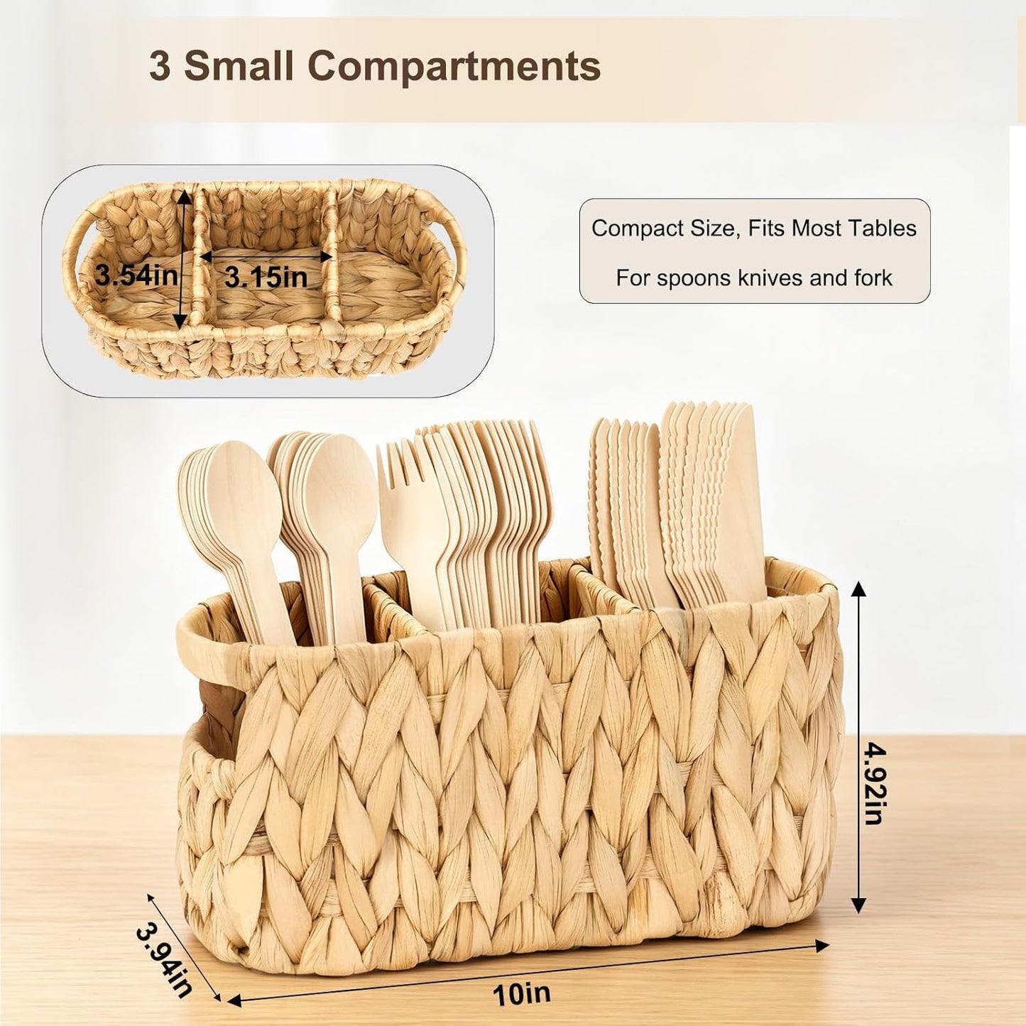 Water Hyacinth Utensil Caddy with Handle, 4 Compartments Woven Cutlery Organizer, Portable Flatware Holder for Outdoor Picnic, BBQ, Camping, Kitchen Counter & Party Table