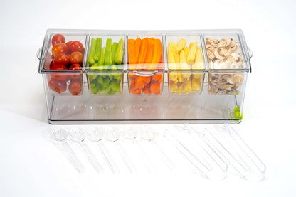 Ice Chilled 5 Compartment Condiment Serving Tray; Condiment Caddy with 5 Removable Containers; Cold Serving Trays for Food Party; Bar Accesories Fruit and Salad Caddy with Lid