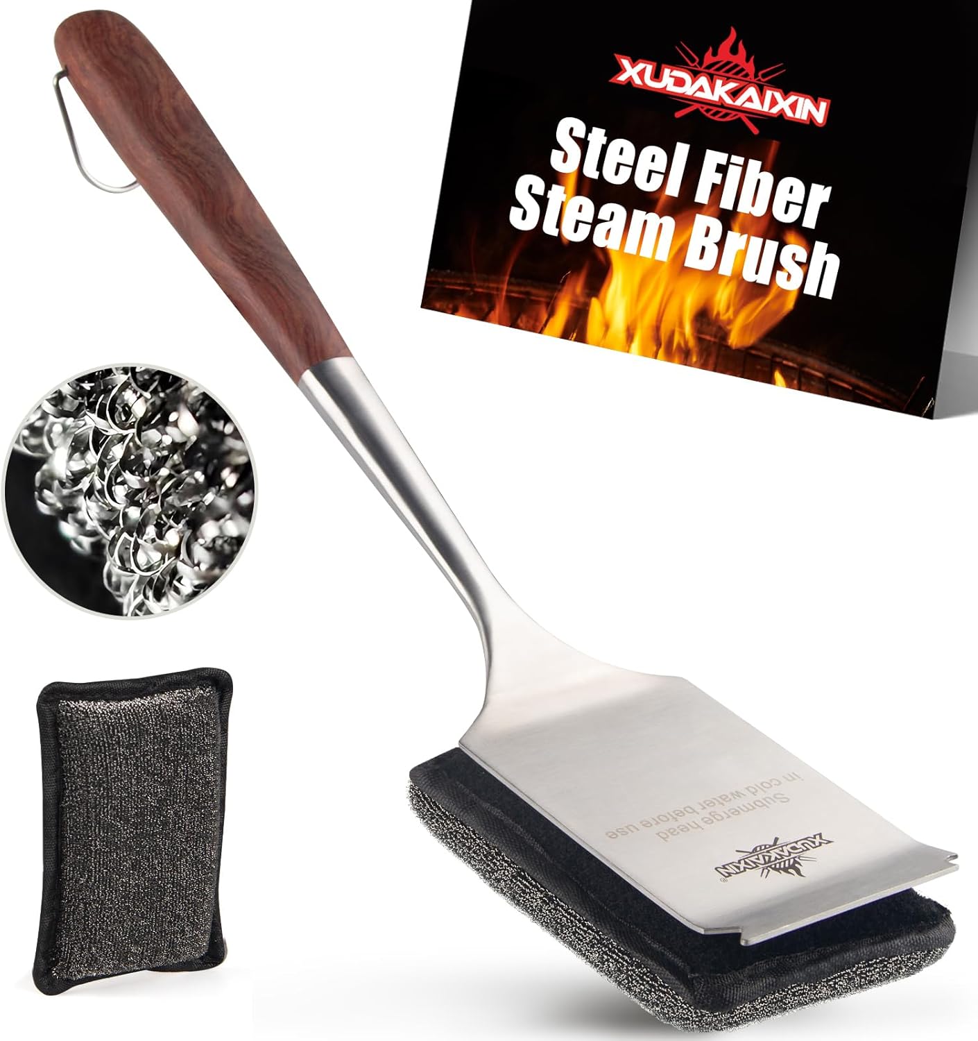 Bristle-Free Steam Cleaning Grill Brush Kit – Luxurious Long Rosewood Handle, Includes 1 Replacement Head – Safe BBQ Grill Cleaning for Outdoor Grill – Great Gift for Men/Dad